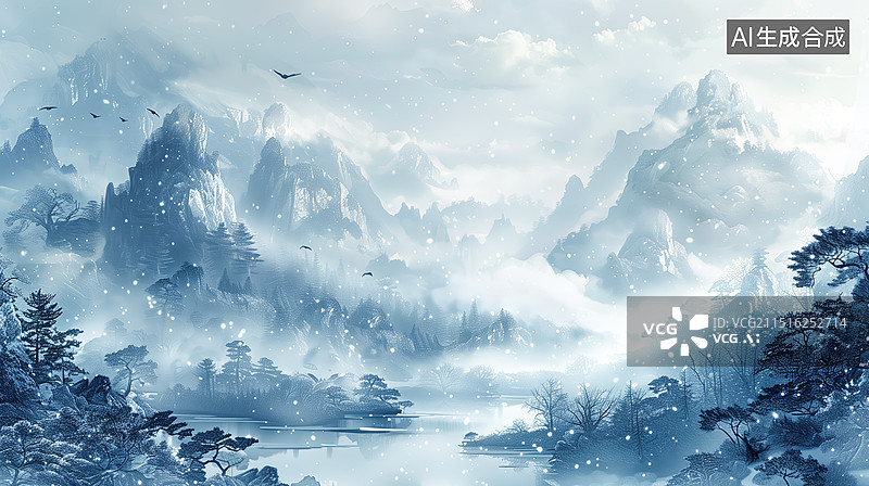 【AI数字艺术】中国画风格的古风雪山图片素材