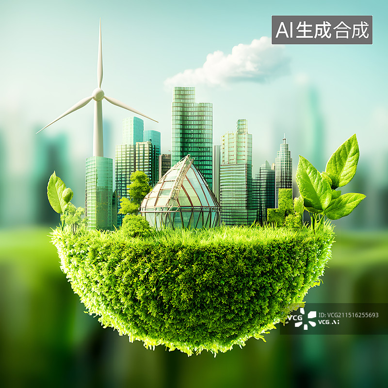 【AI数字艺术】AIGC：城市环境保护 风力发电  绿色环保图片素材