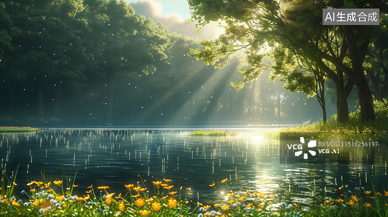 【AI数字艺术】阳光照射下的湖泊和树林图片素材