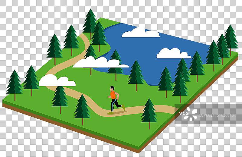 大城市都市享受生活方式卡通俯瞰微距花园公园早晨跑步锻炼身体健康湖边小路风景插画图片素材