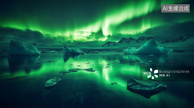 【AI数字艺术】北欧极光，极光下的雪山图片素材