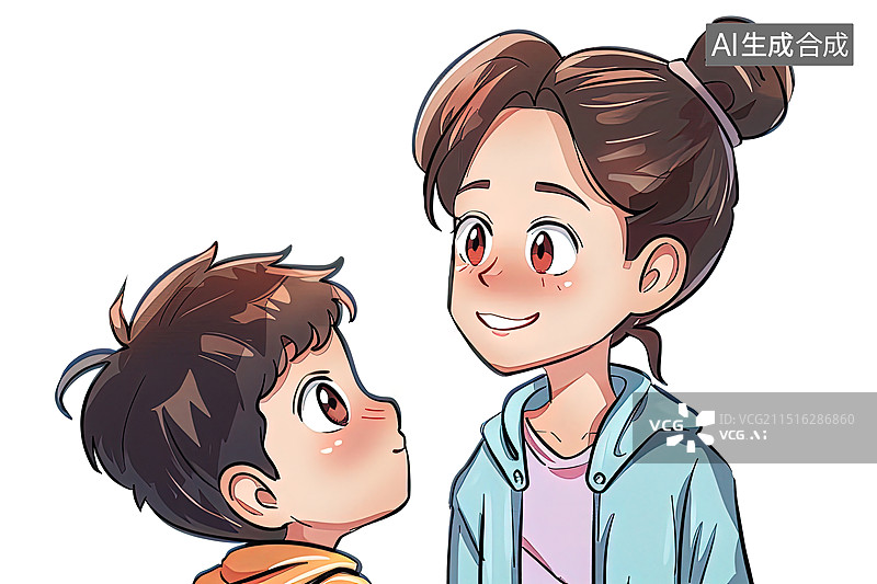 【AI数字艺术】妈妈和儿子对视的插画图片素材