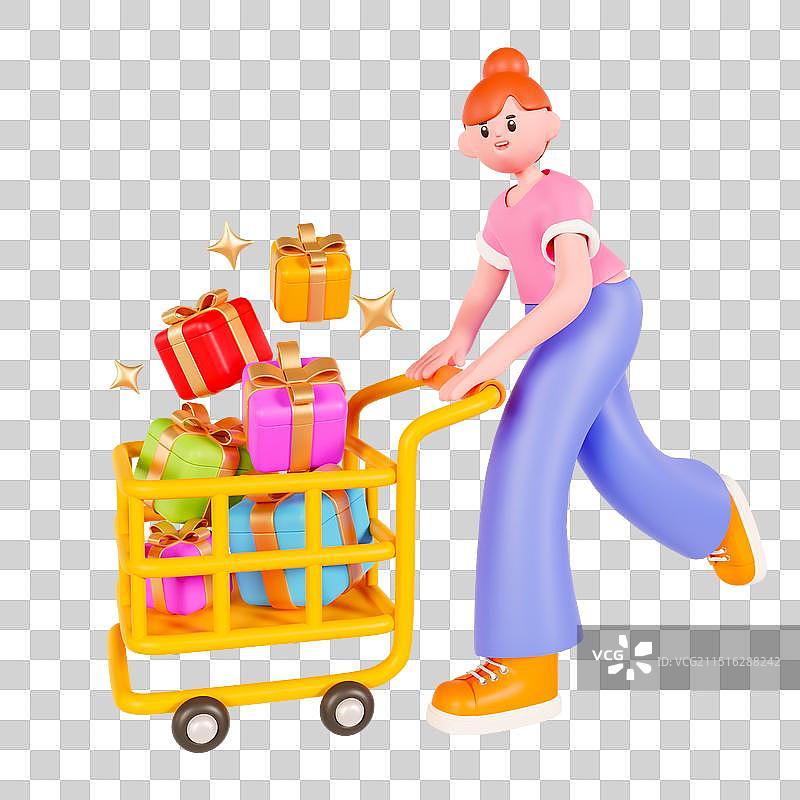 3D立体推着装满礼盒购物车的女孩电商促销购物元素图片素材