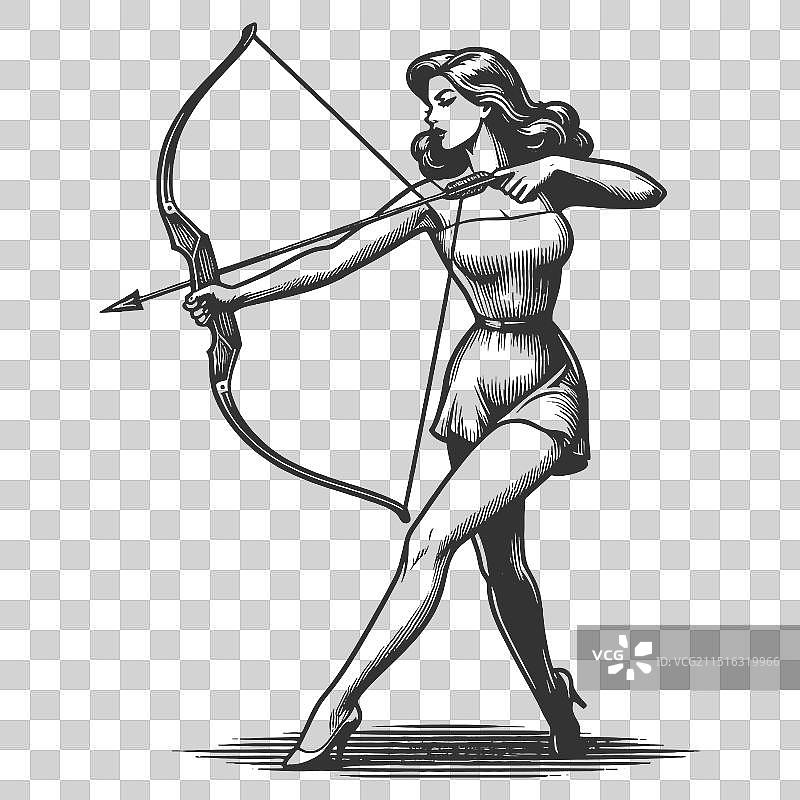 弓箭手女人雕刻素描图片素材