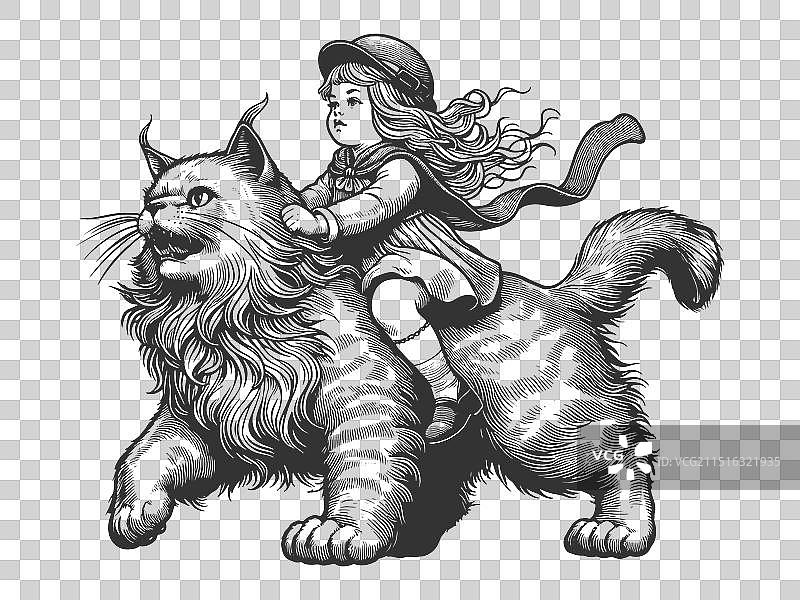 小女孩骑巨猫版画图片素材
