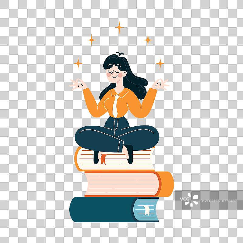 专业人士在书堆上冥想图片素材