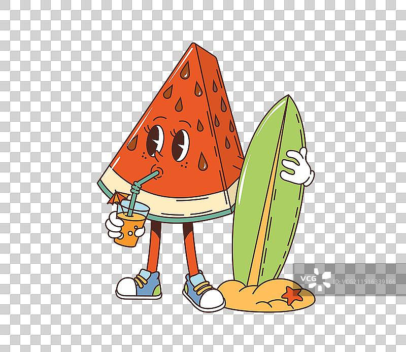 具有冲浪风格的复古时髦西瓜片角色图片素材