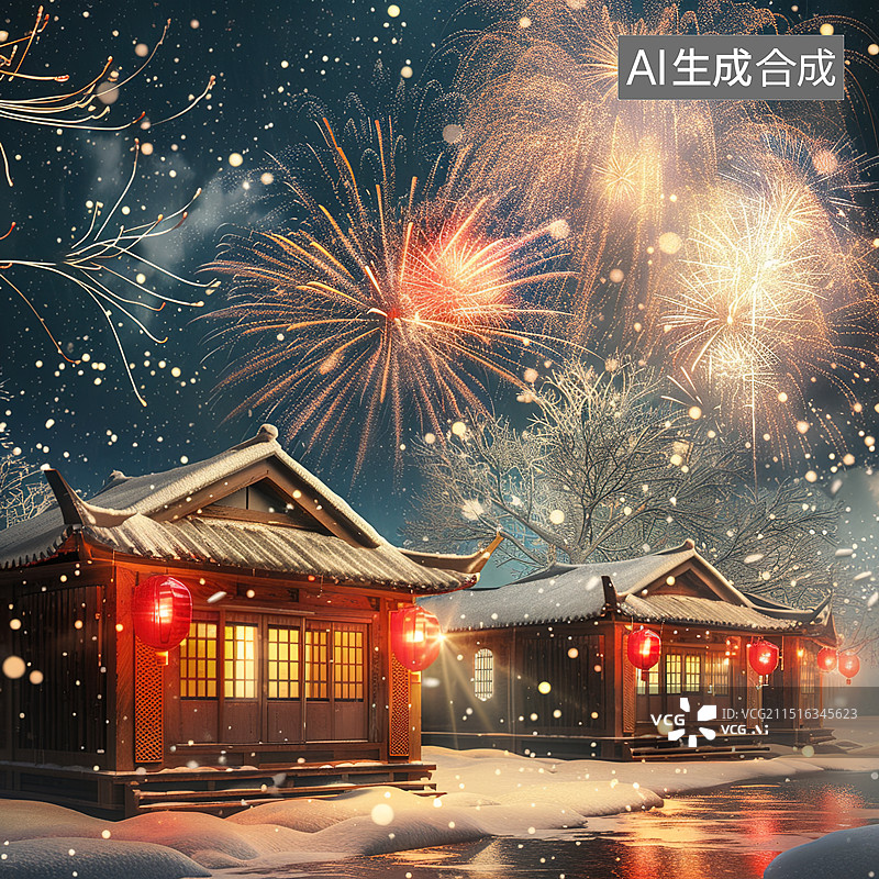 【AI数字艺术】雪后的春节烟花与村庄图片素材