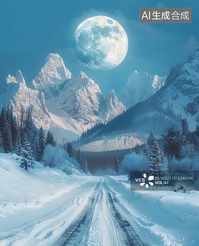 【AI数字艺术】冬季的满月下被雪覆盖的公路图片素材