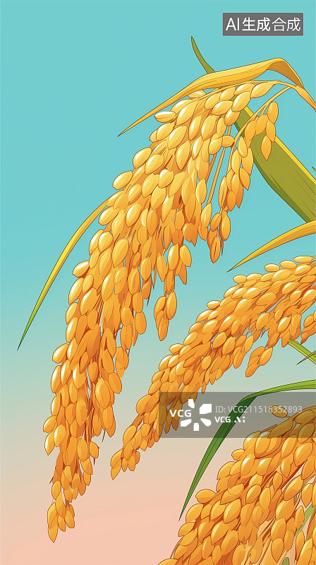【AI数字艺术】成熟的低垂的水稻丰收插画图片素材
