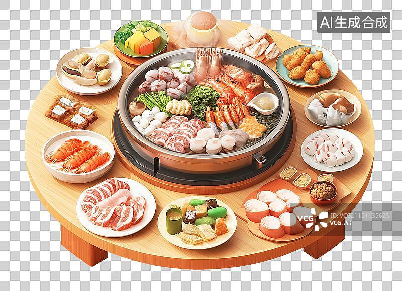 【AI数字艺术】一桌年夜饭菜品，特色美食插画，海鲜大餐卡通素材图片，卡通三维火锅寿喜烧锅素材图片图片素材