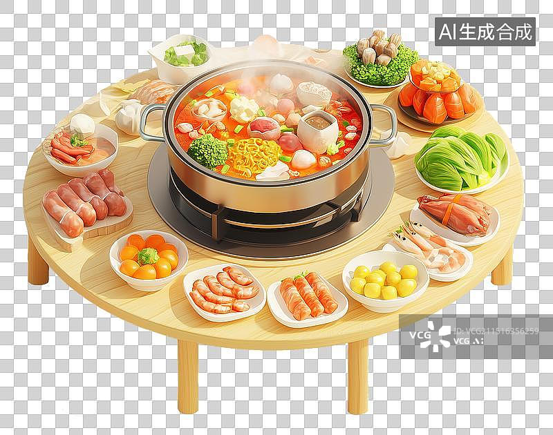 【AI数字艺术】一桌年夜饭菜品，特色美食插画，海鲜大餐卡通素材图片，卡通三维火锅寿喜烧锅素材图片图片素材