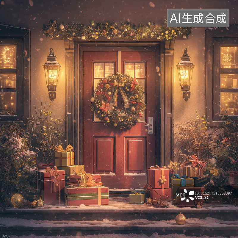 【AI数字艺术】圣诞节堆满礼物的大门口图片素材