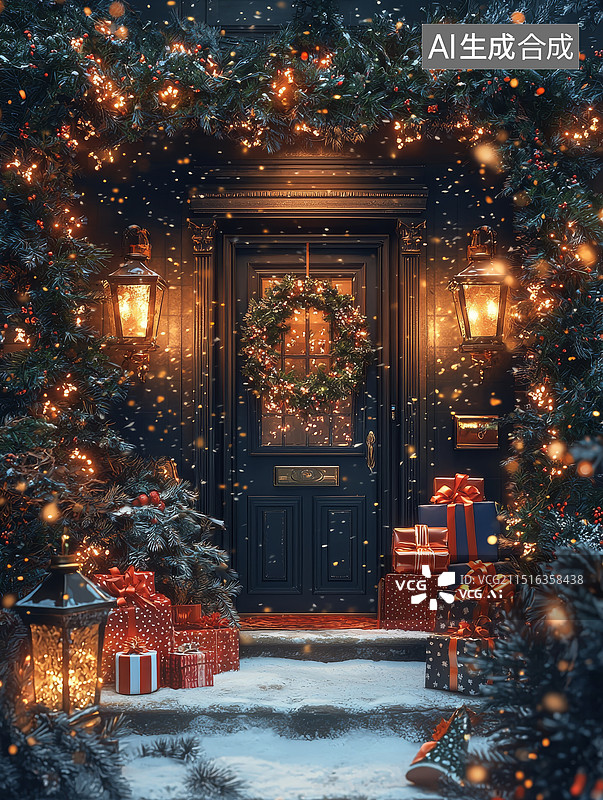 【AI数字艺术】圣诞节堆满礼物的大门口图片素材
