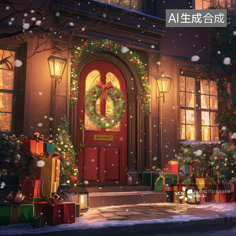 【AI数字艺术】圣诞节堆满礼物的大门口图片素材
