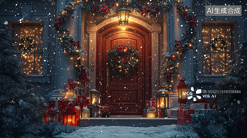 【AI数字艺术】圣诞节堆满礼物的大门口图片素材