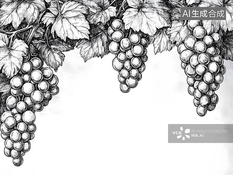 【AI数字艺术】版画线描水彩风格葡萄插画图片素材