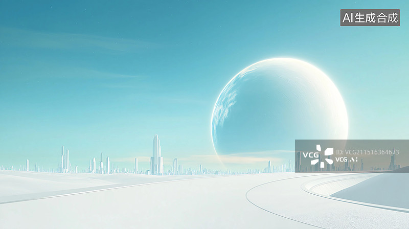 【AI数字艺术】未来科技风格海报——城市天际线、白色道路与远处的星球图片素材