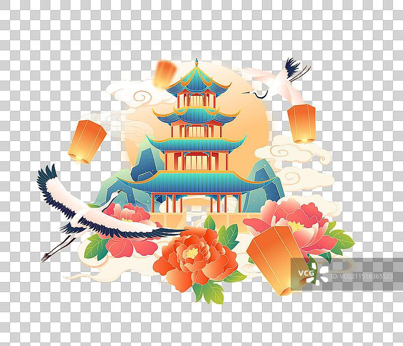 国潮风75周年国庆节成都城市建筑牡丹仙鹤插画图片素材
