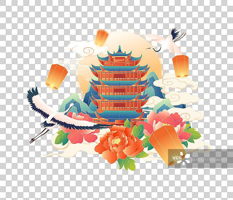 国潮风75周年国庆节武汉城市建筑牡丹仙鹤插画图片素材