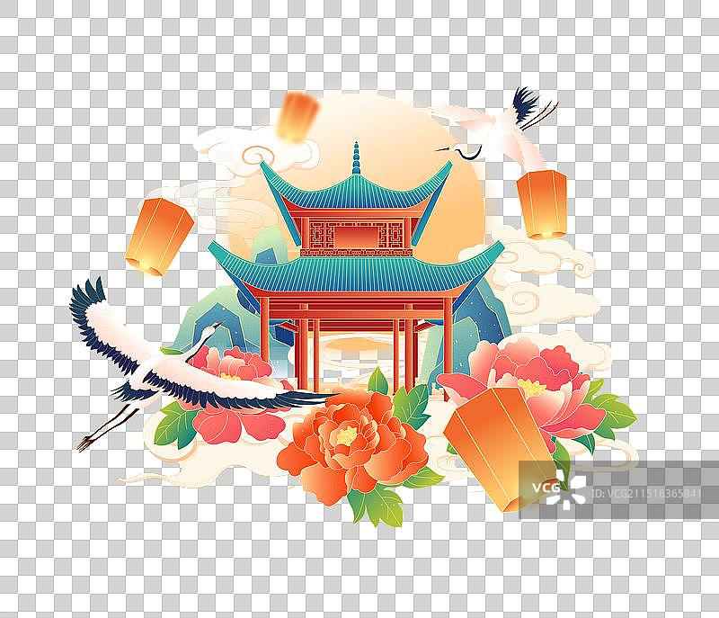 国潮风75周年国庆节长沙城市建筑牡丹仙鹤插画图片素材