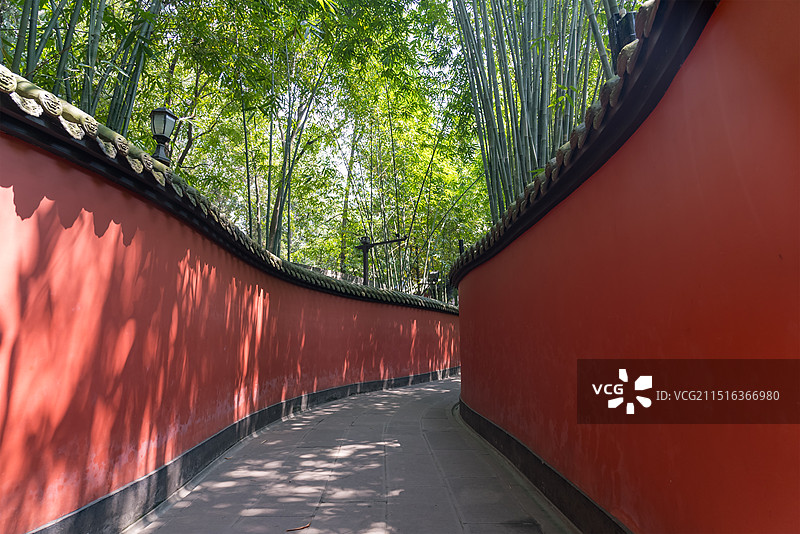 成都武侯祠博物馆,中国风中式园林红墙小路和竹林光影白昼晴天图片素材