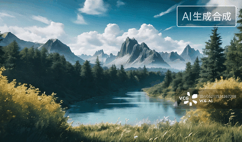 【AI数字艺术】山间湖景图片素材