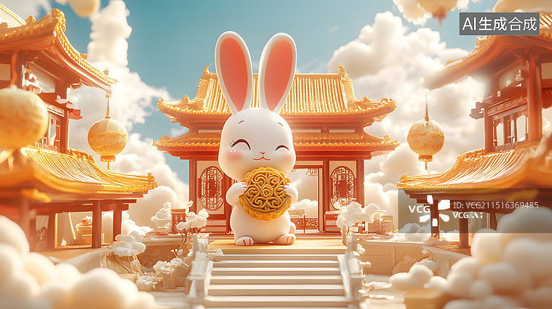 【AI数字艺术】中秋节3D卡通兔子月饼插画图片素材