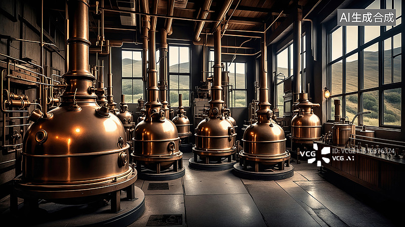 【AI数字艺术】铜质蒸馏器在酿酒厂内图片素材