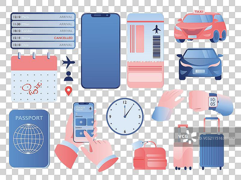 包含护照、手机、机票和行李箱的旅行套装图片素材