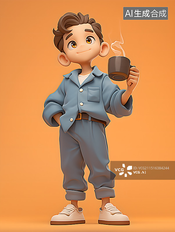 【AI数字艺术】3D卡通男人手拿咖啡图片素材