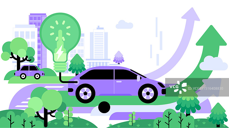绿色环保新能源洗车灯泡城市建筑树木矢量插画图片素材