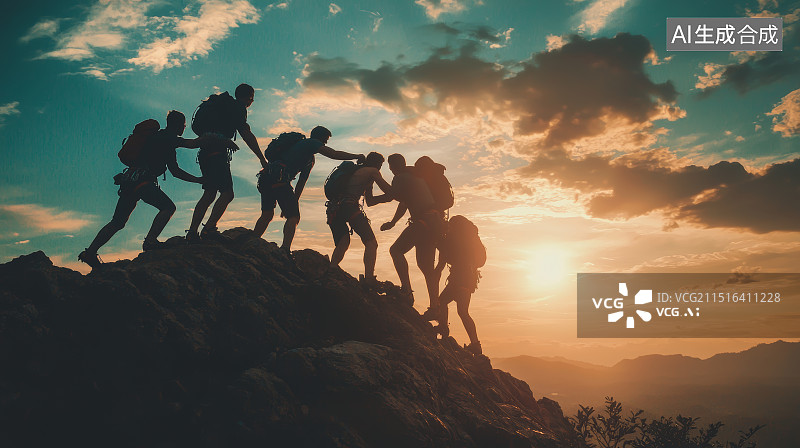 【AI数字艺术】登山队员在日落时攀登山峰图片素材