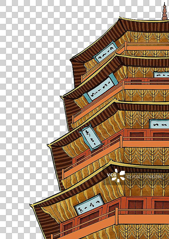 中国风国潮风古建筑插画元素，山西应县木塔。图片素材