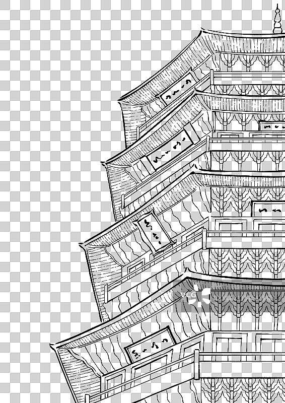中国风国潮风城市古建筑白描线稿元素，山西应县木塔。图片素材