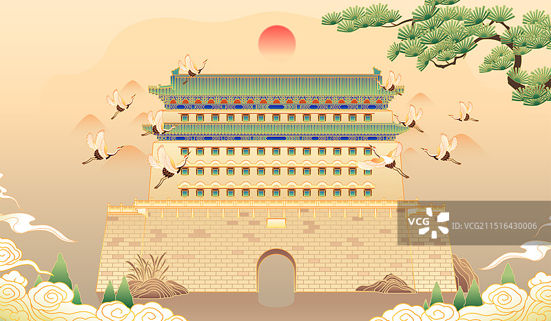 北京中轴线正阳门箭楼古建筑插画图片素材