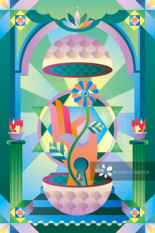 拱门中手握花朵概念插画壁纸图片素材