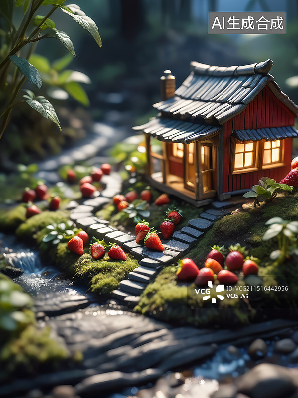【AI数字艺术】微缩景观丰收的草莓图片素材