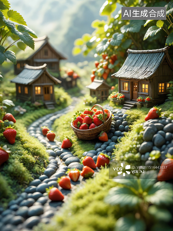 【AI数字艺术】微缩景观丰收的草莓图片素材