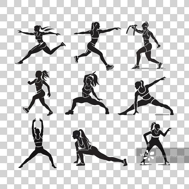 女性健身运动和健身房孤立剪影图片素材