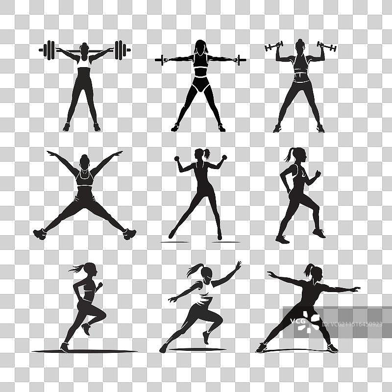 女性健身运动和健身房孤立剪影图片素材