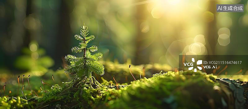 【AI数字艺术】森林背景 一颗树苗发芽 生长  新生命的概念，在土壤中生长的幼苗，环境保护，世界地球日，雨水节气植物图片素材