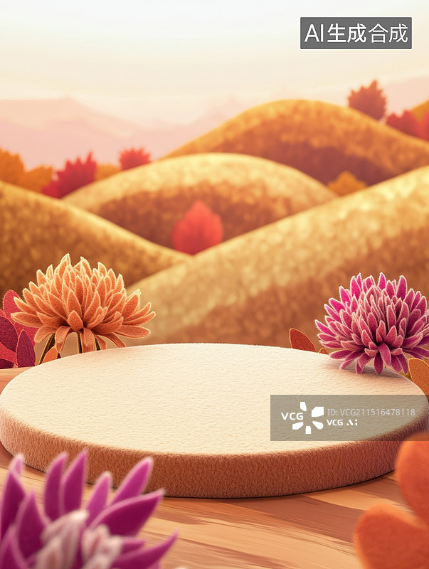 【AI数字艺术】重阳节菊花秋天电商产品展示台简约创意3D图片素材