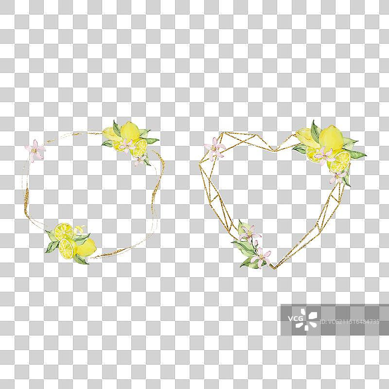 带水彩柠檬叶的金色框架图片素材