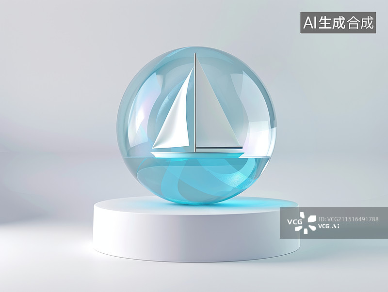 【AI数字艺术】水晶球里的一艘帆船白底图片素材