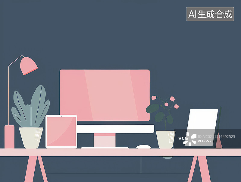 【AI数字艺术】办公桌上放着手机与电脑扁平风暗调插画图片素材
