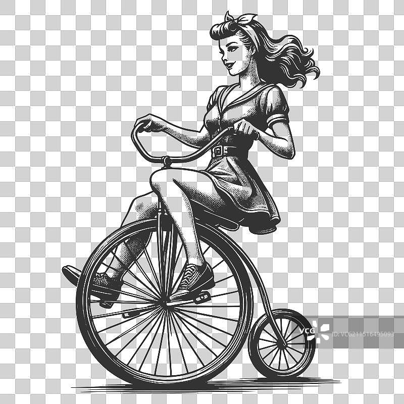 骑自行车的海报女郎雕刻素描图片素材