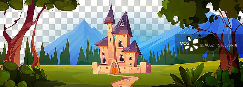 森林山脉附近的中世纪皇家城堡图片素材