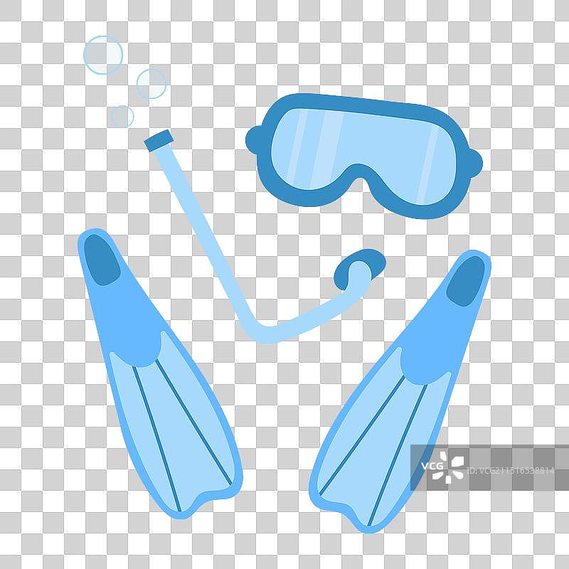蓝色潜水套装：面罩、脚蹼、呼吸管手绘图图片素材