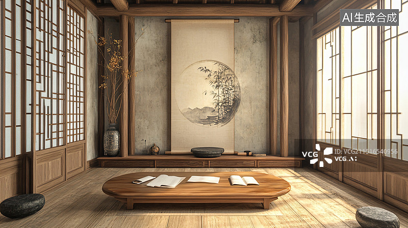 【AI数字艺术】中式室内装修场景图片素材
